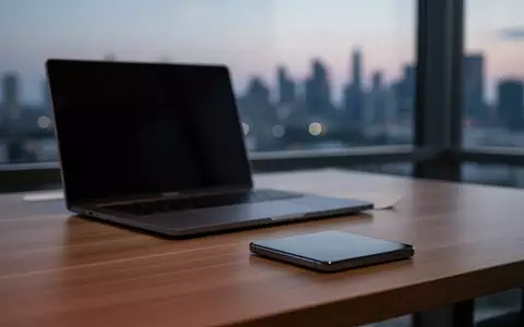 Ein dunkler Laptop und ein umgedrehtes Smartphone auf einem Schreibtisch vor einem unscharfen nächtlichen Stadtpanorama. - Foto: über boerse-global.de