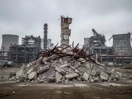 Trümmerfeld einer gesprengten Schornsteinanlage auf einem stillgelegten Industriegelände im rheinischen Revier. - Foto: über boerse-global.de