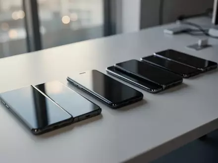 Mehrere moderne Smartphones mit dunklen Bildschirmen ordentlich auf einem Schreibtisch angeordnet. - Foto: über boerse-global.de