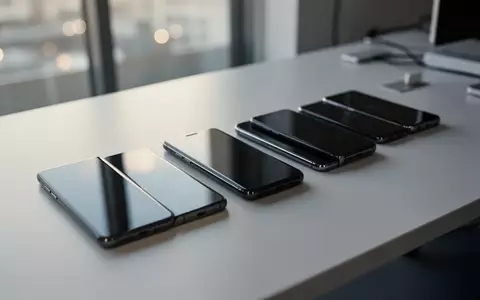 Mehrere moderne Smartphones mit dunklen Bildschirmen ordentlich auf einem Schreibtisch angeordnet. - Foto: über boerse-global.de