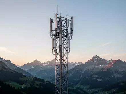 Ein moderner Mobilfunkmast in einer Schweizer Berglandschaft bei Dämmerung. - Foto: über boerse-global.de
