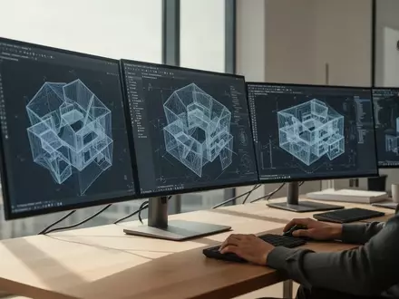 Ein moderner Architektur-Arbeitsplatz mit Monitoren, die komplexe 3D-Gebäudemodelle in einer hellen Büroumgebung zeigen. - Foto: über boerse-global.de