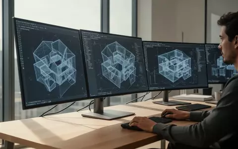 Ein moderner Architektur-Arbeitsplatz mit Monitoren, die komplexe 3D-Gebäudemodelle in einer hellen Büroumgebung zeigen. - Foto: über boerse-global.de