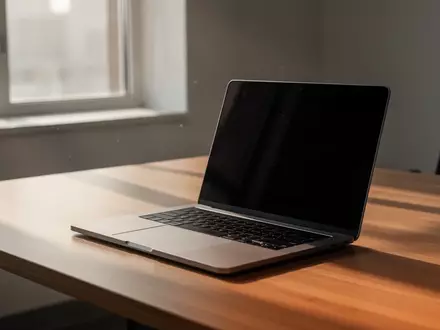 Ein minimalistischer Arbeitsplatz mit einem Laptop auf einem Holztisch bei natürlichem Tageslicht. - Foto: über boerse-global.de