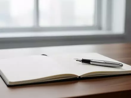 Ein aufgeräumter Schreibtisch mit einem leeren Notizbuch und einem Füllfederhalter in einem hellen, professionellen Büro. - Foto: über boerse-global.de