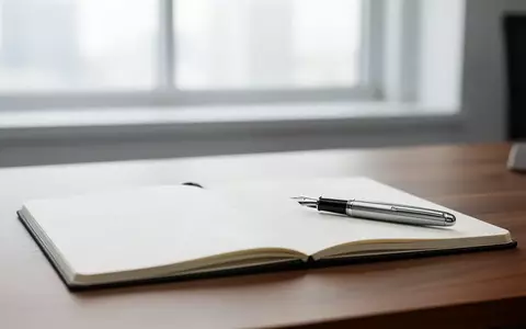 Ein aufgeräumter Schreibtisch mit einem leeren Notizbuch und einem Füllfederhalter in einem hellen, professionellen Büro. - Foto: über boerse-global.de