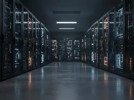 Dunkler Serverraum mit beleuchteten Racks als Symbol für die Bedrohung durch KI-gestützte Ransomware. - Foto: über boerse-global.de