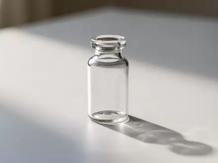 Ein leeres Glasfläschchen auf einer weißen Oberfläche bei natürlichem Licht. - Foto: über boerse-global.de