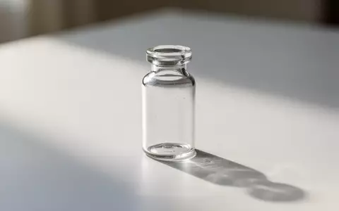 Ein leeres Glasfläschchen auf einer weißen Oberfläche bei natürlichem Licht. - Foto: über boerse-global.de