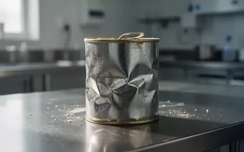 Eine einzelne, leicht verbeulte Konservendose aus Metall auf einer sterilen Edelstahloberfläche in einer Laborumgebung. - Foto: über boerse-global.de