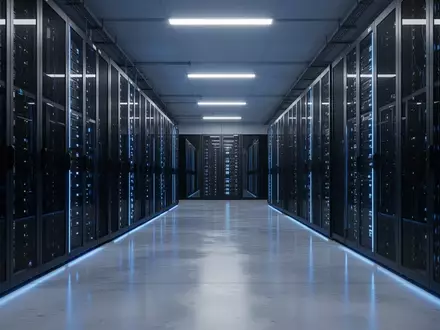Moderne Serverräume in einem europäischen Rechenzentrum mit blauen Statusleuchten an den Serverschränken. - Foto: über boerse-global.de