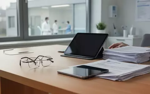 Ein minimalistischer, heller Schreibtisch in einer medizinischen Einrichtung mit Dokumenten und einem dunklen Tablet. - Foto: über boerse-global.de