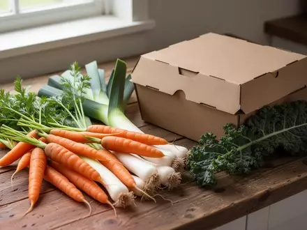Frisches, unverarbeitetes Gemüse liegt neben einer neutralen Lebensmittelverpackung auf einem Holztisch. - Foto: über boerse-global.de