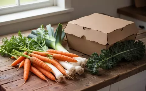Frisches, unverarbeitetes Gemüse liegt neben einer neutralen Lebensmittelverpackung auf einem Holztisch. - Foto: über boerse-global.de