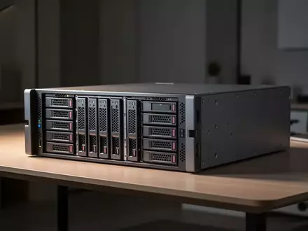 Ein silbernes 8-Bay-Hybrid-Speichergehäuse steht auf einem minimalistischen Schreibtisch in einem modernen Büro. - Foto: über boerse-global.de