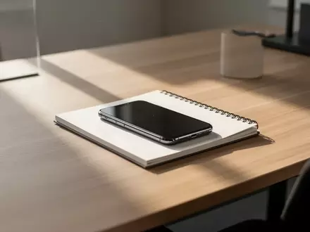 Ein minimalistischer Schreibtisch mit einem Smartphone und einem Notizbuch bei natürlichem Tageslicht. - Foto: über boerse-global.de