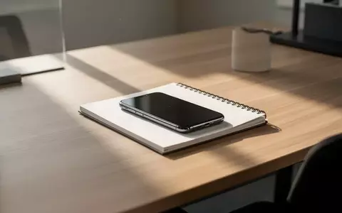 Ein minimalistischer Schreibtisch mit einem Smartphone und einem Notizbuch bei natürlichem Tageslicht. - Foto: über boerse-global.de