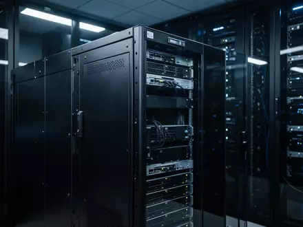 Ein moderner, dunkel beleuchteter Serverraum mit metallischen Rack-Schränken, der eine hochsichere IT-Umgebung darstellt. - Foto: über boerse-global.de