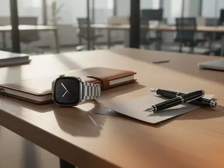 Ein minimalistischer Schreibtisch mit einer Smartwatch und einem Notizbuch in hellem Tageslicht. - Foto: über boerse-global.de