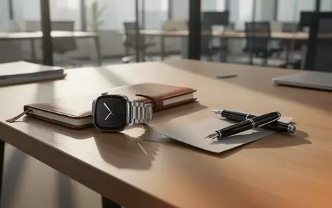 Ein minimalistischer Schreibtisch mit einer Smartwatch und einem Notizbuch in hellem Tageslicht. - Foto: über boerse-global.de