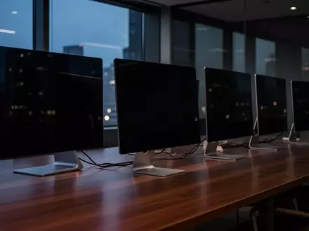 Dunkles, modernes Büro mit ausgeschalteten Monitoren auf einem Schreibtisch vor einem Fenster bei Dämmerung. - Foto: über boerse-global.de