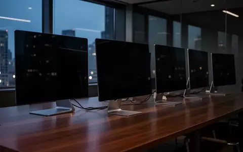 Dunkles, modernes Büro mit ausgeschalteten Monitoren auf einem Schreibtisch vor einem Fenster bei Dämmerung. - Foto: über boerse-global.de