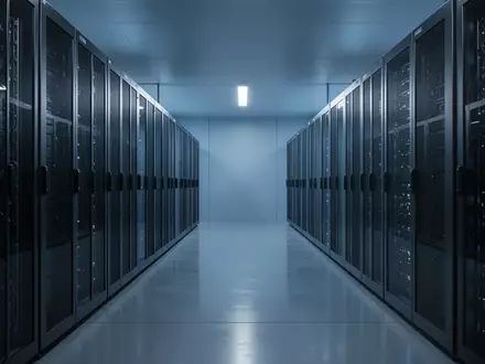 Ein moderner, minimalistischer Serverraum mit blauer Beleuchtung und ordentlichen Server-Racks in einer Industrieumgebung. - Foto: über boerse-global.de