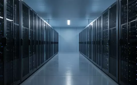 Ein moderner, minimalistischer Serverraum mit blauer Beleuchtung und ordentlichen Server-Racks in einer Industrieumgebung. - Foto: über boerse-global.de