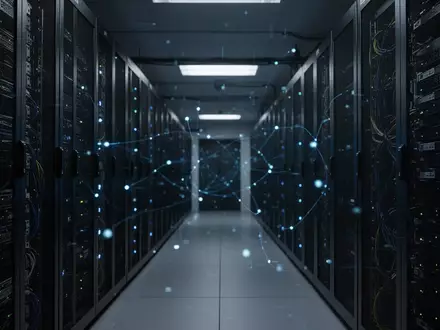 Dunkler Serverraum mit leuchtenden blauen LED-Statusanzeigen an Computer-Hardware-Racks. - Foto: über boerse-global.de