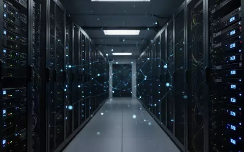 Dunkler Serverraum mit leuchtenden blauen LED-Statusanzeigen an Computer-Hardware-Racks. - Foto: über boerse-global.de