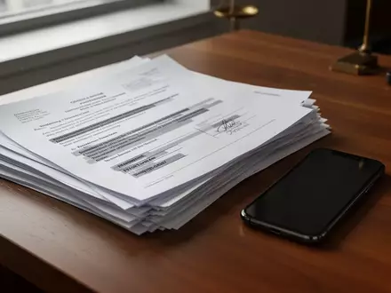 Aktenstapel und ein Smartphone auf einem Schreibtisch in einer Kanzlei, symbolisch für die missbräuchliche Nutzung von Prozessdaten. - Foto: über boerse-global.de