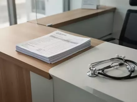 Ein minimalistischer Empfangsbereich in einer Arztpraxis mit medizinischen Utensilien auf einem Holztresen. - Foto: über boerse-global.de