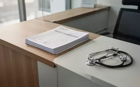 Ein minimalistischer Empfangsbereich in einer Arztpraxis mit medizinischen Utensilien auf einem Holztresen. - Foto: über boerse-global.de