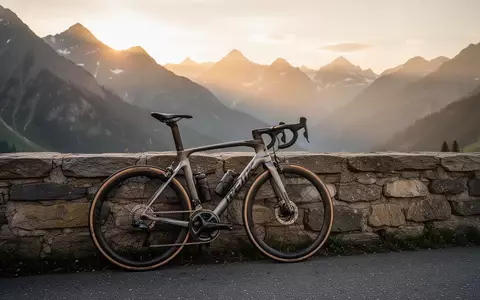 Ein professionelles Rennrad lehnt an einer Steinmauer in einer alpinen Gebirgslandschaft bei Sonnenaufgang. - Foto: über boerse-global.de