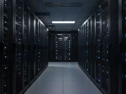 Reihen von Server-Racks in einem modernen Rechenzentrum mit blauen Statusleuchten zur Darstellung digitaler Sicherheit. - Foto: über boerse-global.de