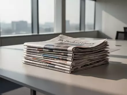 Ein Stapel verschiedener Tageszeitungen auf einem modernen Bürotisch in einem hellen Raum. - Foto: über boerse-global.de
