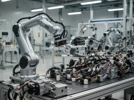 Ein moderner Industrieroboterarm in einer Fertigungshalle, der für die präzise Montage von Bauteilen konzipiert ist. - Foto: über boerse-global.de