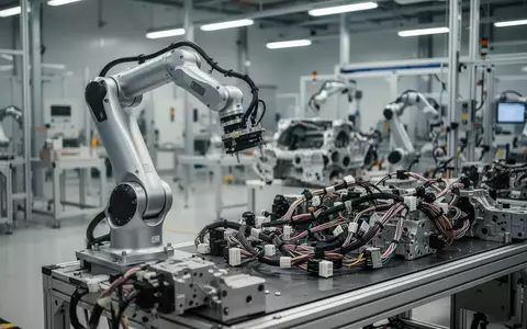 Ein moderner Industrieroboterarm in einer Fertigungshalle, der für die präzise Montage von Bauteilen konzipiert ist. - Foto: über boerse-global.de