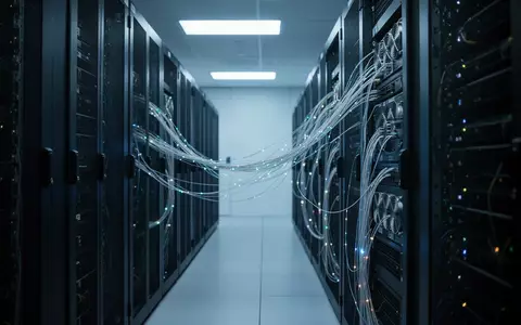 Moderne Serveranlage mit blauem Licht und Glasfaserkabeln zur Symbolisierung digitaler Infrastruktur und Sicherheit. - Foto: über boerse-global.de
