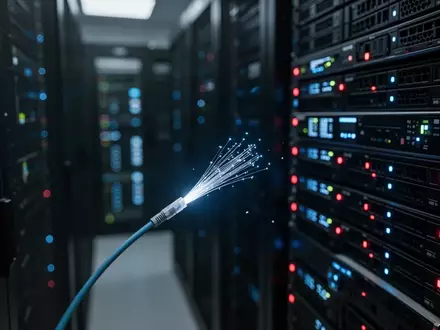 Ein dunkler Serverraum mit leuchtenden Hardware-Komponenten und Glasfaserkabeln als Symbol für digitale Sicherheit. - Foto: über boerse-global.de