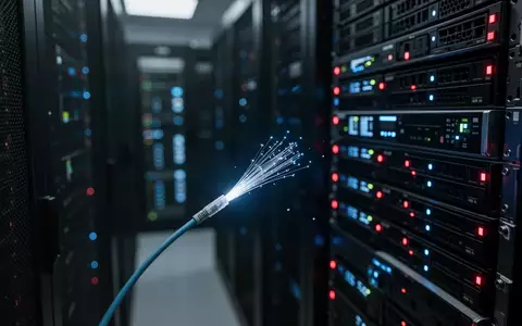 Ein dunkler Serverraum mit leuchtenden Hardware-Komponenten und Glasfaserkabeln als Symbol für digitale Sicherheit. - Foto: über boerse-global.de