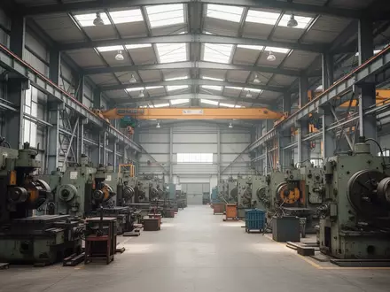 Moderne industrielle Fertigungshalle mit großen Maschinen und Stahlkonstruktionen in natürlichem Licht. - Foto: über boerse-global.de