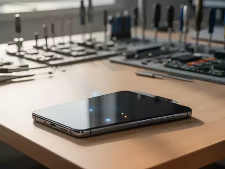 Ein modernes Smartphone liegt auf einem aufgeräumten Arbeitstisch in einer Werkstatt, der Bildschirm ist dunkel und reflektierend. - Foto: über boerse-global.de