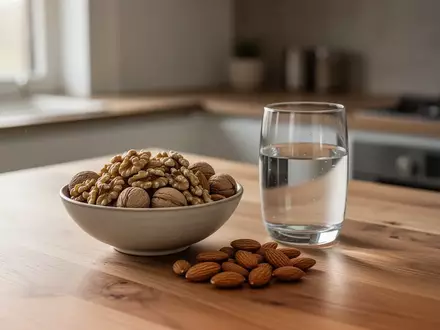 Eine Schale mit Nüssen und ein Glas Wasser auf einer hölzernen Küchenoberfläche bei natürlichem Licht. - Foto: über boerse-global.de