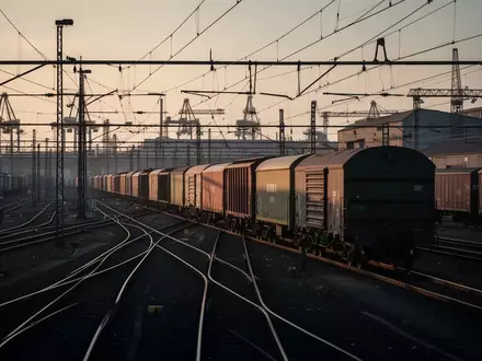 Güterzug mit verschiedenen Waggons in einem weitläufigen Rangierbahnhof bei Dämmerung. - Foto: über boerse-global.de