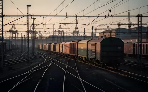 Güterzug mit verschiedenen Waggons in einem weitläufigen Rangierbahnhof bei Dämmerung. - Foto: über boerse-global.de
