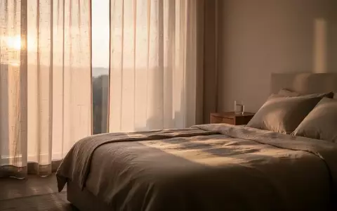 Ein minimalistisch eingerichtetes Schlafzimmer bei Tagesanbruch mit weichem Morgenlicht und einem unberührten Bett. - Foto: über boerse-global.de