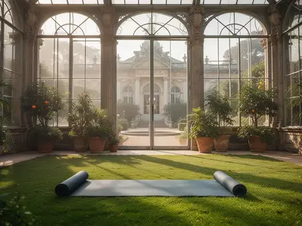 Eine aufgerollte Yogamatte auf einer Wiese in einer sonnendurchfluteten, historischen Orangerie. - Foto: über boerse-global.de