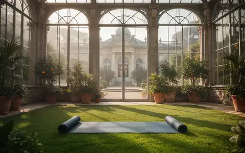 Eine aufgerollte Yogamatte auf einer Wiese in einer sonnendurchfluteten, historischen Orangerie. - Foto: über boerse-global.de