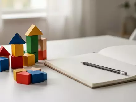 Bunte Holzbausteine und ein leeres Skizzenbuch auf einem Holztisch als Symbol für kreative Lernmethoden. - Foto: über boerse-global.de